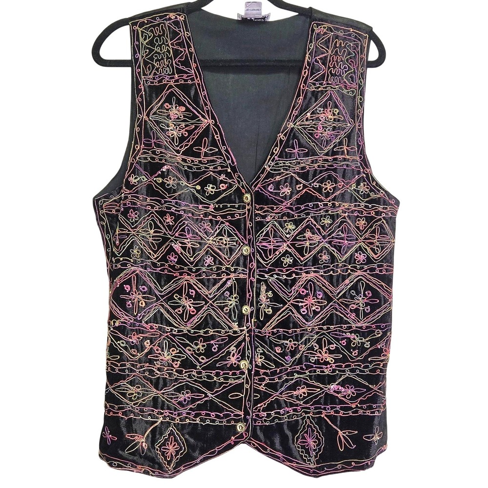 Vintage Velvet Vest Embroidered Boho Whimsigoth Medium Black Multicolor